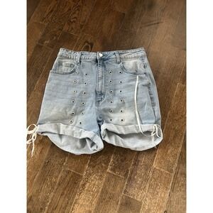 Hot Topic Shorts Y2K Lace Back Pockets, Rivets Denim Shorts Size 11